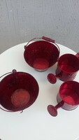 4 pieces together. Red, burgundy metal flowerpot, bucket, jug