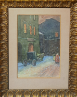 Carriage in the snow - winter streetscape (watercolor frame) snowy, Christmas-like scene