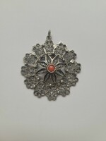 Antique filigree 950 silver coral stone flower motif openwork pendant large!