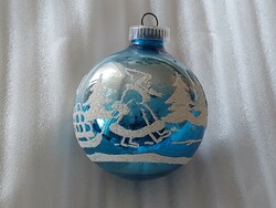 Régi üveg karácsonyfadísz kék gömb Mikulás mintás üvegdísz