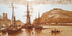 Gaál Domokos: Kikötő az Alsó Duna-soron (rézkarc) - budapesti látkép a 19. századból, hajózás