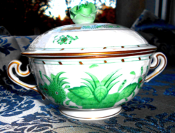 Herend Indian basket patterned soup plate with rose handle