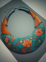 Rose hand-painted leather necklace turquoise-yellow