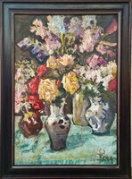 Painting by Gyula Pap (1899 - 1983) still life with flowers from Képcsarnokos with original guarantee!