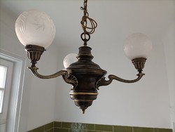 Refurbished 3-branch antique copper chandelier and lamp for sale