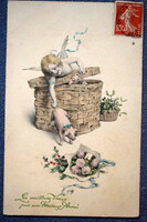 Antik MM Vienne grafikus Újévi színezett üdvözlő képeslap - angyalka malaccal  1907ből