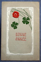 Antique embossed New Year greeting card - seal, 4-leaf clover from 1907