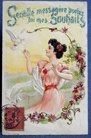 Antique embossed greeting card - lady with dove from 1907
