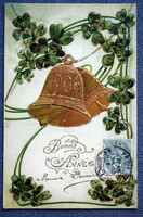 Antik dombornyomott Újévi üdvözlő képeslap arany csengő 1906 évszámmal  , 4levelű lóhere
