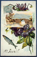 Antique glitter greeting card - decoupage fish, flower, landscape Apr 1.