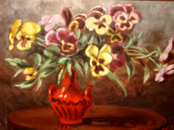 Signed old floral still life: pansies in a vase