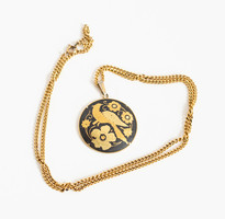 Vintage toledói medál madár mintával aranyszínű lánccal - spanyol damaszkén, damascene nyakék