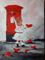 For Valentine's Day or for a child's room, sending love, 25x30 cm stretched canvas acrylic