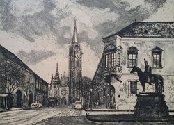 Rudolf Blahos (1917-1986): Matthias Church (etching in frame) Budapest, Buda Castle