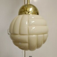 Refurbished art deco copper ceiling lamp - special pattern, cream-colored spherical shade