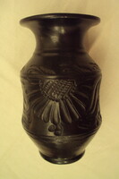 Korondi black ceramic vase, with a scratched tulip motif, marked on the base.