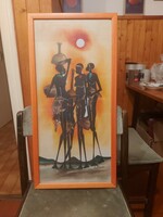 Afrikai témájú festmény, vászon/ selyem, üvegezett keretben, 70 cm