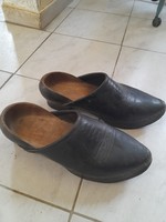 Old unique handmade, carved wooden sole, men's slippers with cowhide upper part, size 43-44.