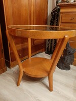 Beautifully shaped wooden table (coffee table v. Coffee table) with glass top, shelf Bauhaus or art deco
