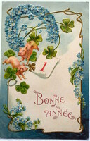 Antique embossed New Year greeting card - 4-leaf clover, pigs, forget-me-not lucky horseshoe