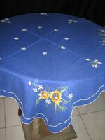 Beautiful dark blue floral machine embroidered tablecloth