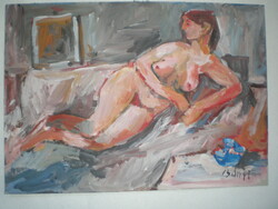 József Bánfi, nude in studio. Classic work of art. Oil, cardboard