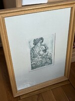 Lactating woman framed in etching