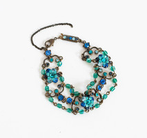Vintage blue-green bracelet with flowers, glass beads and rhinestones - bracelet, jewelry