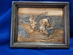 Copper wall picture relief fisherman scene