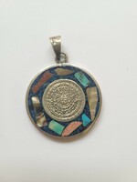 Old silver Mayan calendar pendant with mineral inlay (sunstone, mother-of-pearl, turquoise, etc.)