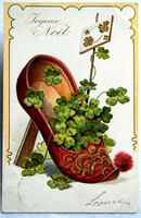 Antique embossed New Year greeting card - 4-leaf clover in decorative shoes from 1907