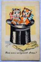 Antik grafikus üdvözlő képeslap - cicák a cilinderben
