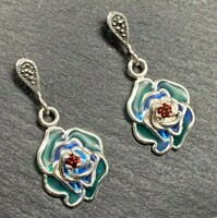 Lovely floral silver earrings with fire enamel and marcasite /925/ --new