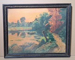 Autumn landscape, 1936 watercolor - no. V. Signó, perhaps an early tailor Vladimir? - In a Greek pattern frame