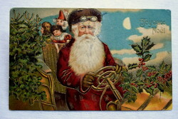Antik dombornyomott Karácsonyi üdvözlő képeslap -Mikulás, automobil, fenyőfa , játékok