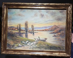 Shepherd on the river bank painting