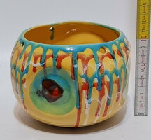 Turquoise blue, red, white continuous glaze stripe, yellow glaze applied art ceramic bowl (2841)