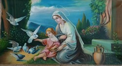 Szűz Mária a Kisdeddel angyalok társaságában - hatalmas jelzett - ritka ! antik szentkép keretezve