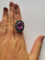 Art Deco orosz kézműves ezüst virágos gyűrű lila Alexandrit kővel RITKA nagyméretű!