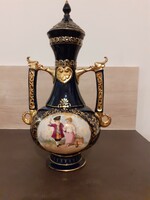 39,5 cm magas kézzel festett Fischer Ignác fedeles váza