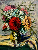 Pál Baráth (1950- ) bouquet of flowers with chrysanthemums - beautiful flower still life /invoice provided/