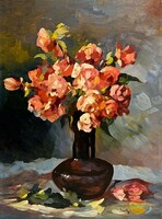 A bouquet of flowers by Lajos Palotai (1951- ) in a long-necked vase /invoice provided/