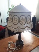 Large antique bronze table lamp with embroidered textile lampshade