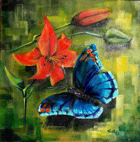 Blue butterfly - 40 x 40 cm oil painting