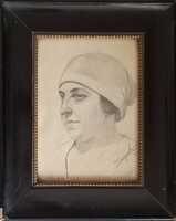 Női portré - Antik keretezett ceruzarajz