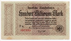 Germany reichsbahn 100 million deutsche marks, 1923, emergency money, nice