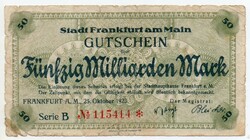Németország Frankfurt 50 Milliárd német Márka, 1923, szükségpénz