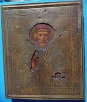 Old Russian icon, Saint Nicholas with engraved copper cover