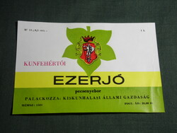 Wine label, Kiskunhalas winery, wine farm, Kunfehértó Ezerjó steak wine