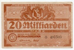 Németország Bréma 20 milliárd német Márka, 1923, szükségpénz